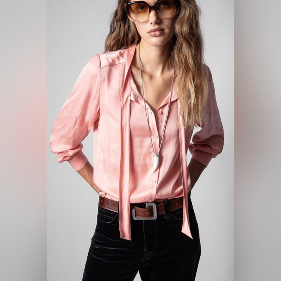 NWT Zadig & Voltaire Taos Tie Neck Satin Blouse Size S M - Picture 2 of 7